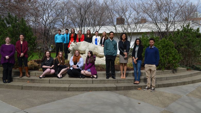 Students participating in Shenango's Business Competition gather at the Nittany Lion