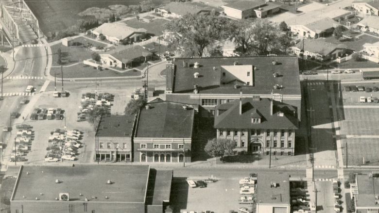 Arial view of Penn State Shenango campus in black and white