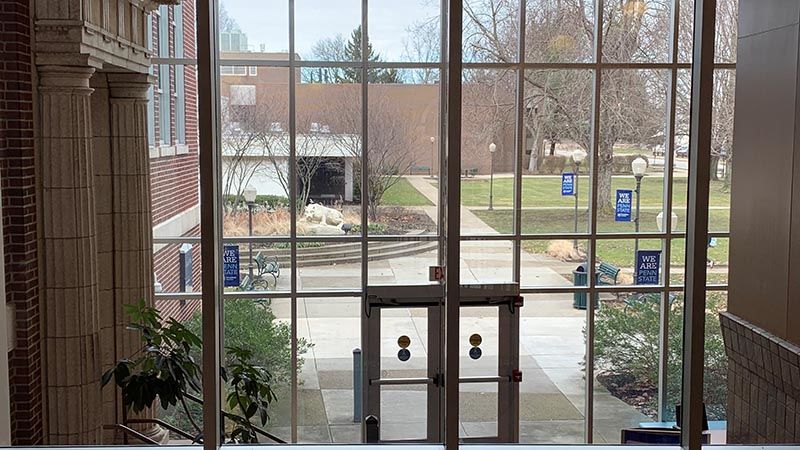 View of the Lion Shrine and Forker Building from the second floor of the atrium's windows. 