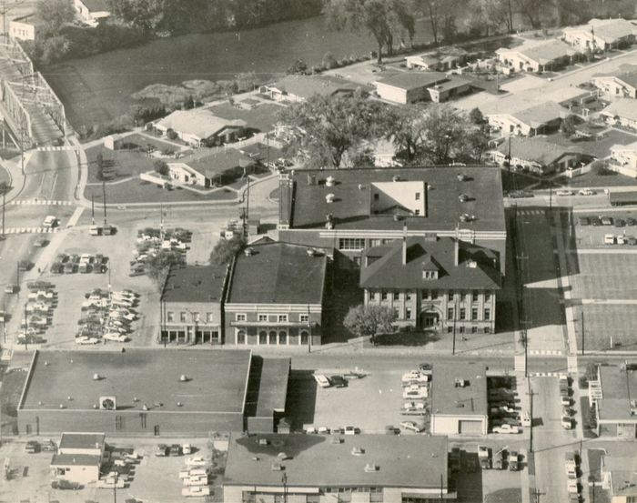 Arial view of Penn State Shenango campus in black and white