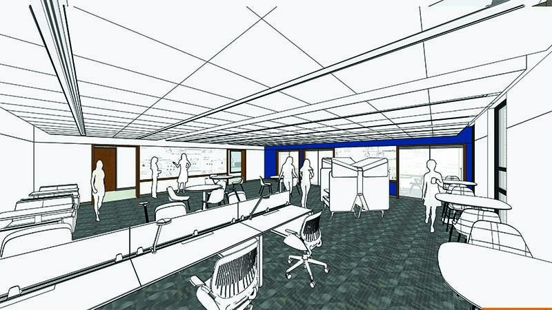 Rendering of lounge that includes work stations and computers