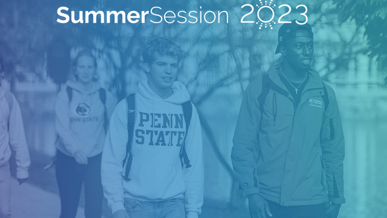 A group of students walking across campus / "SummerSession 2023"