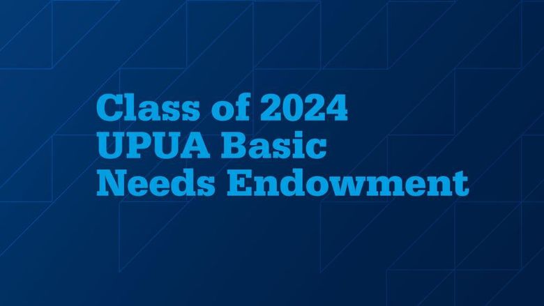 Text that describes the Class of 2024's gift on a blue textured background