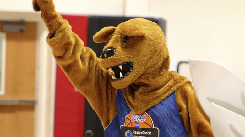 Nittany Lion holding a finger in the air