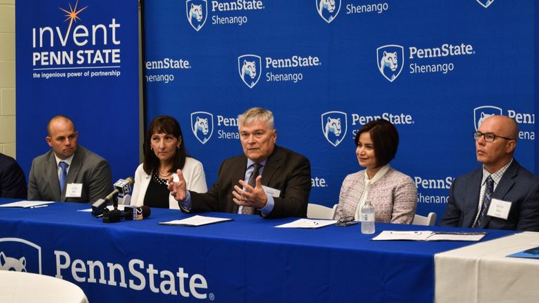 Penn State administrators and others involved in the VenturePointe incubator at press conference