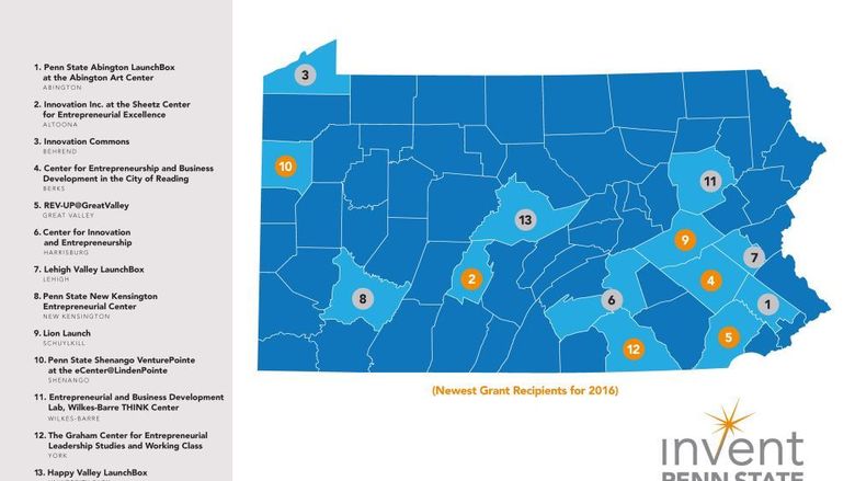 Map of Pennsylvania with Invent Penn State sites