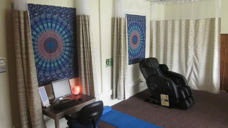 The stress-free zone at Penn State Shenango includes a massage chair, a mediation/yoga station, and a computer station with a natural daylight lamp to improve mood, energy and concentration.