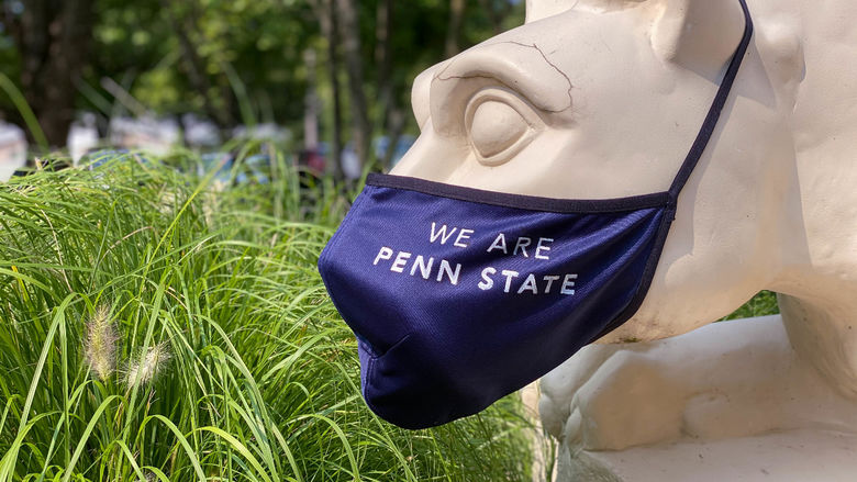 Lion Shrine in a "We Are Penn State" mask
