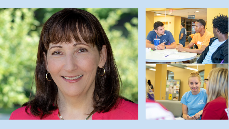 A photo collage featuring Jo Anne Carrick and students at Welcome Day.