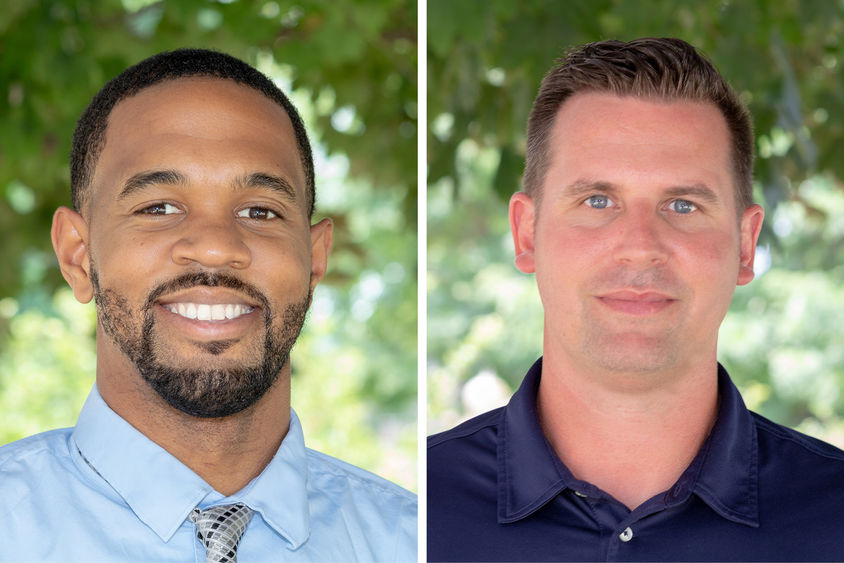 Picture of two men who have been hired as assistant basketball coaches for the Shenango campus. The two men are left to right, David Jackson and Geoff Evans.