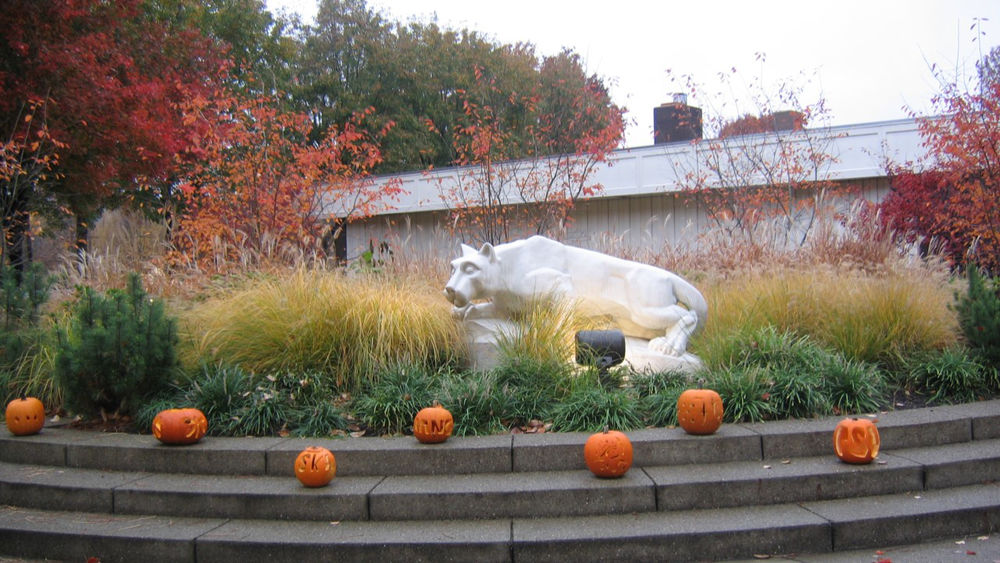 Cut out pumpkins surround Penn State Shenango's Lion Shrine area