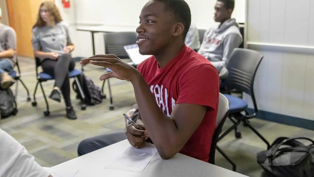 Penn State Shenango freshman, Larry Ransom from Youngstown, Ohio, speaks to his classmates about the "We Are Project" during a PSU-8 Freshman Seminar course.