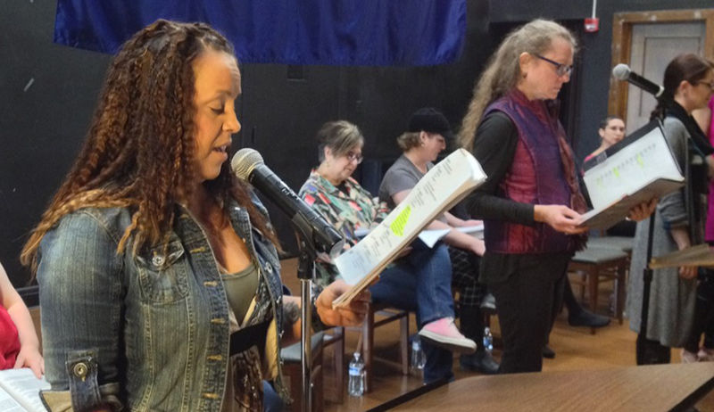 Cast of The Vagina Monologues being held at Penn State Shenango rehearse their lines