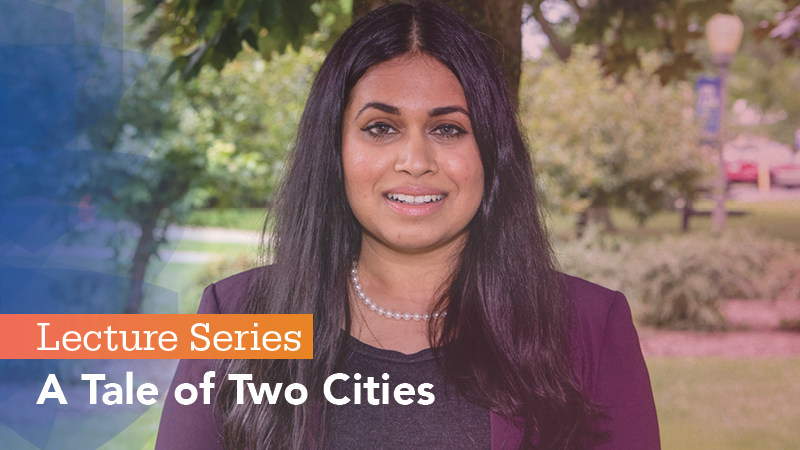 Syed with lecture series graphic overlay with title "a tale of two cities"