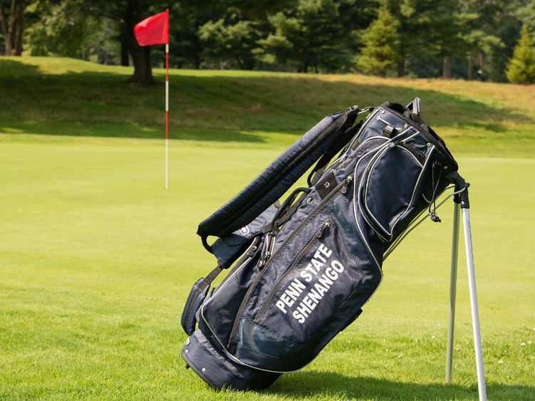 Golf bag on a golf course with a hole flag in the background
