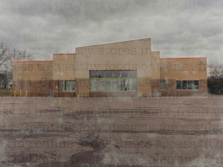 Empty parking lot with an abandoned grocery store overlayed with a smoke effect with text saying Redlining creates food deserts for residents who do not have access to healthy food options